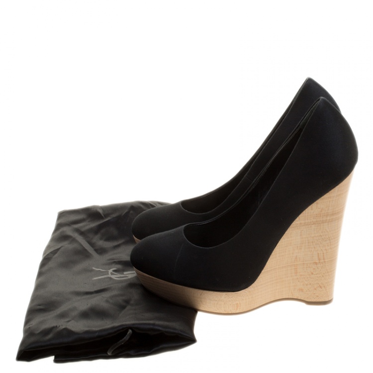 Pre Owned Saint Laurent Paris Black Satin Maryna Wedge Pumps Size 35