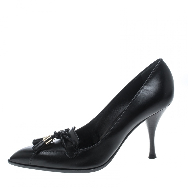 Pre Owned Saint Laurent Paris Black Leather Tassel Detail Pointed Toe Pumps Size 37.5