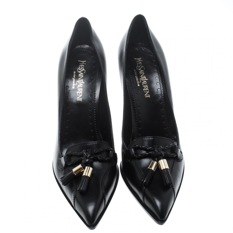 Pre Owned Saint Laurent Paris Black Leather Tassel Detail Pointed Toe Pumps Size 37.5