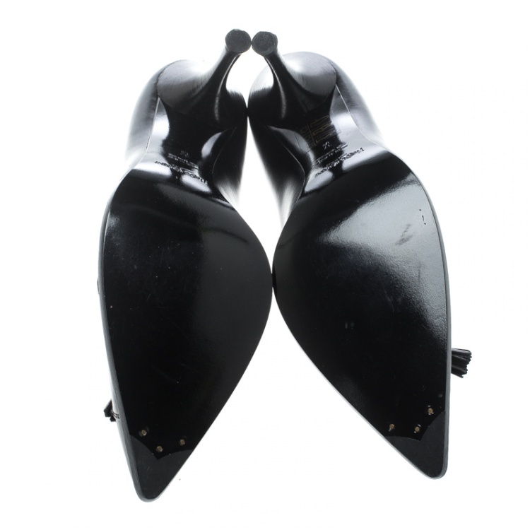 Pre Owned Saint Laurent Paris Black Leather Tassel Detail Pointed Toe Pumps Size 37.5