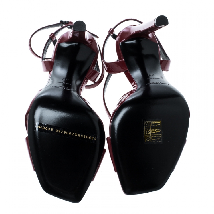 Pre Owned Saint Laurent Paris Red Patent Leather Amy Knot Detail Ankle Strap Sandals Size 37