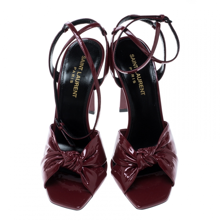 Pre Owned Saint Laurent Paris Red Patent Leather Amy Knot Detail Ankle Strap Sandals Size 37