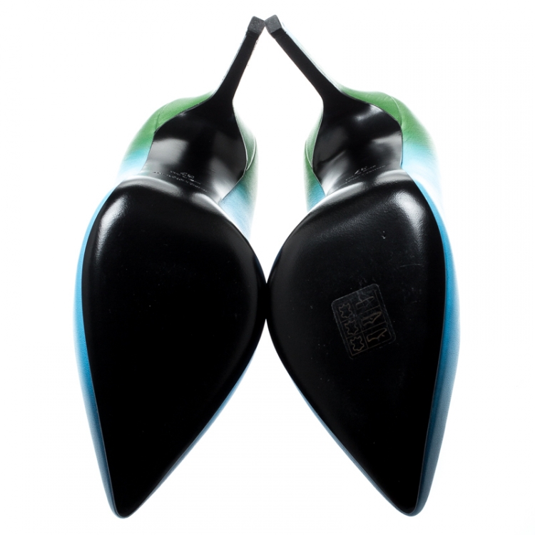 Pre Owned Saint Laurent Paris Blue And Green Dègradè Leather Classic Paris Pointed Toe Pumps Size 37