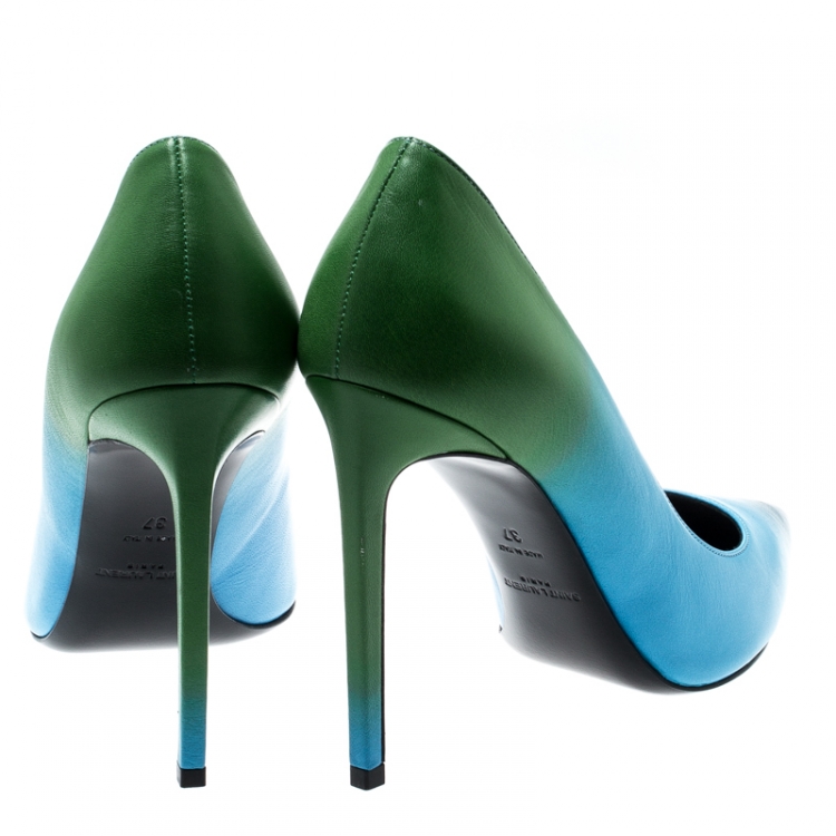 Pre Owned Saint Laurent Paris Blue And Green Dègradè Leather Classic Paris Pointed Toe Pumps Size 37