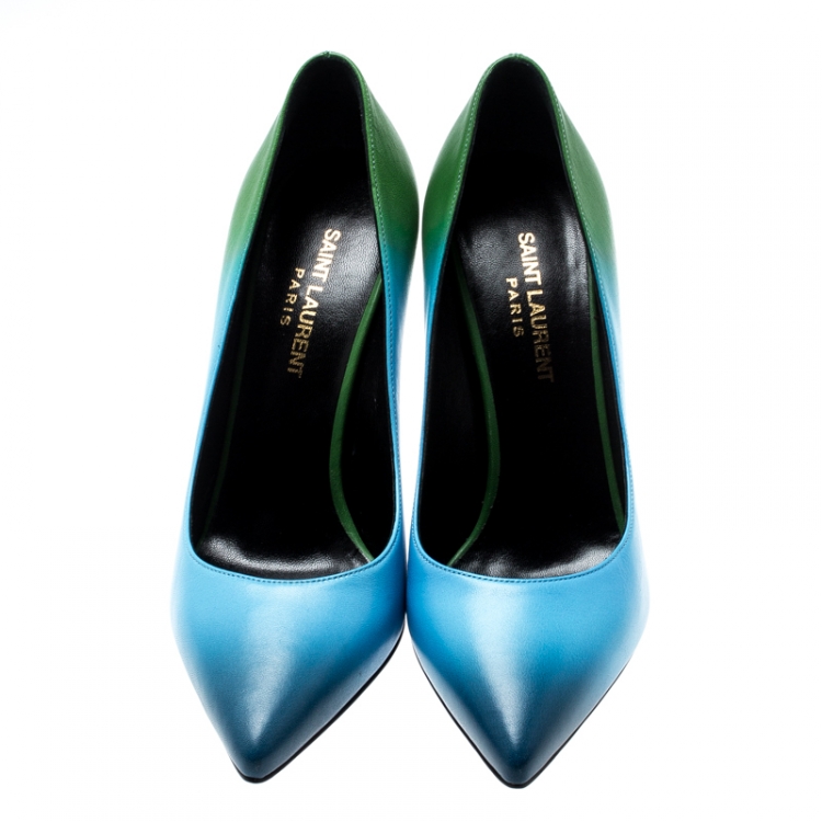 Pre Owned Saint Laurent Paris Blue And Green Dègradè Leather Classic Paris Pointed Toe Pumps Size 37