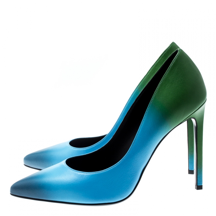 Pre Owned Saint Laurent Paris Blue And Green Dègradè Leather Classic Paris Pointed Toe Pumps Size 37