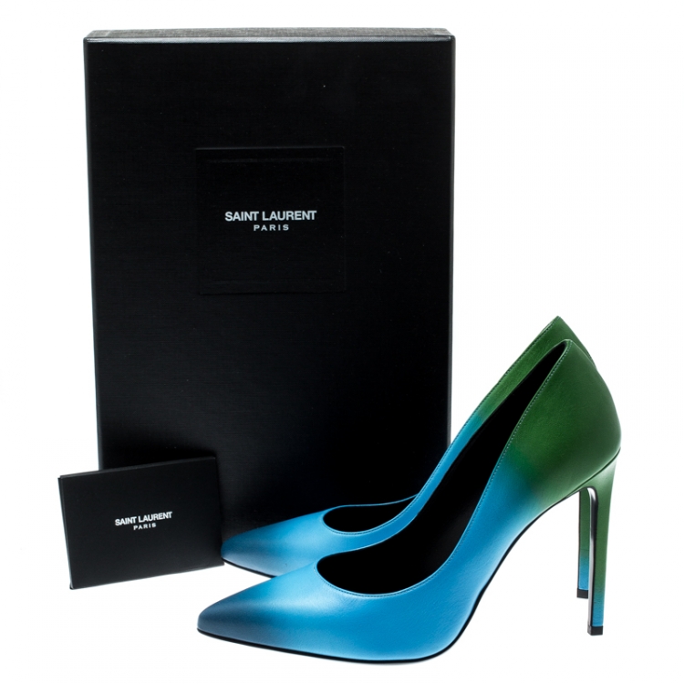 Pre Owned Saint Laurent Paris Blue And Green Dègradè Leather Classic Paris Pointed Toe Pumps Size 37