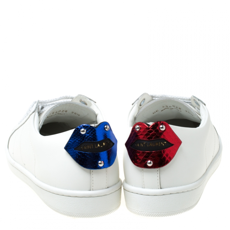 Pre Owned Saint Laurent Paris White Leather Classic Lips Low Top Sneakers Size 35.5
