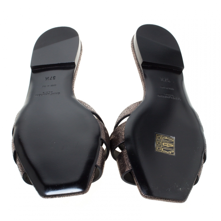 Pre Owned Saint Laurent Paris Metallic Grey Textured Leather Tribute Flat Slides Size 37.5