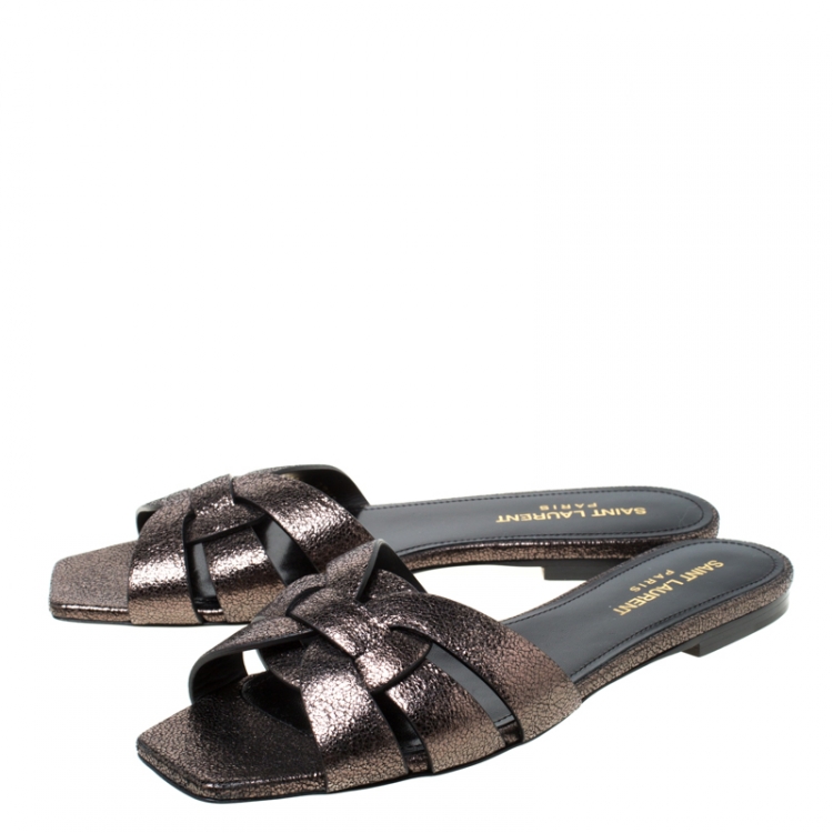 Pre Owned Saint Laurent Paris Metallic Grey Textured Leather Tribute Flat Slides Size 37.5