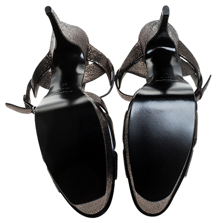 Pre Owned Saint Laurent Paris Gunmetal Cracked Metallic Leather Tribute Platform Sandals Size 37