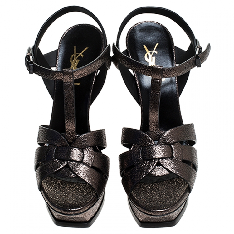 Pre Owned Saint Laurent Paris Gunmetal Cracked Metallic Leather Tribute Platform Sandals Size 37