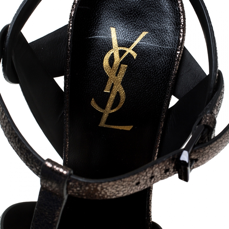 Pre Owned Saint Laurent Paris Gunmetal Cracked Metallic Leather Tribute Platform Sandals Size 37