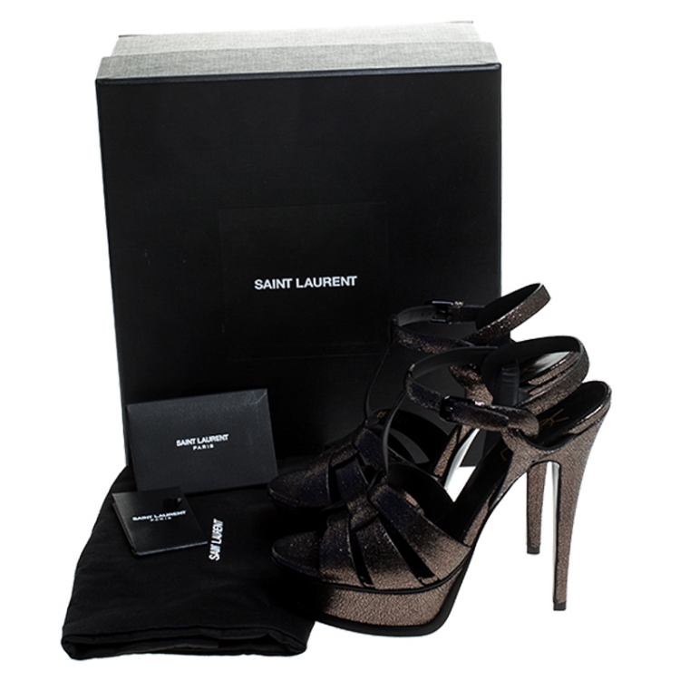 Pre Owned Saint Laurent Paris Gunmetal Cracked Metallic Leather Tribute Platform Sandals Size 37