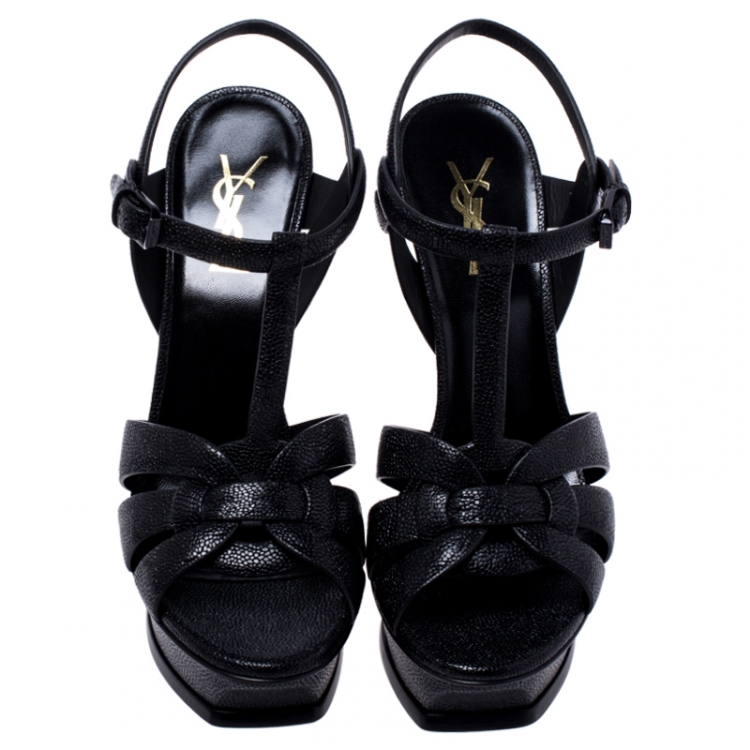 Pre Owned Saint Laurent Paris Black Grained Leather Tribute Platform Ankle Strap Sandals Size 38.5
