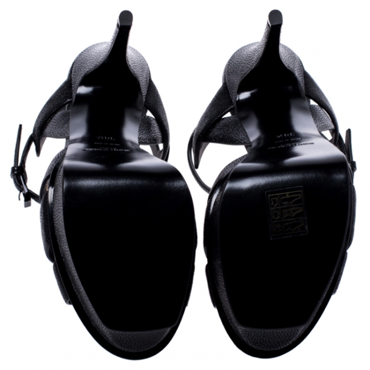 Pre Owned Saint Laurent Paris Black Grained Leather Tribute Platform Ankle Strap Sandals Size 38.5