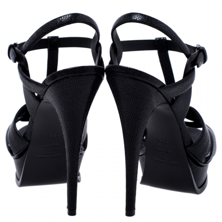Pre Owned Saint Laurent Paris Black Grained Leather Tribute Platform Ankle Strap Sandals Size 38.5