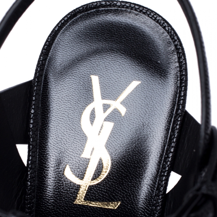 Pre Owned Saint Laurent Paris Black Grained Leather Tribute Platform Ankle Strap Sandals Size 38.5