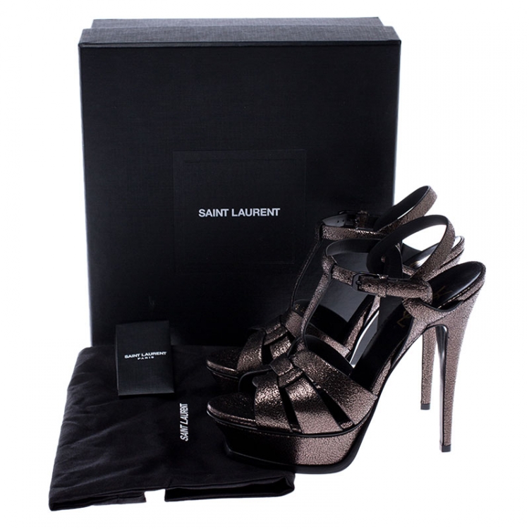 Pre Owned Saint Laurent Paris Metallic Grey Foil Leather Tribute Platform Ankle Strap Sandals Size 38