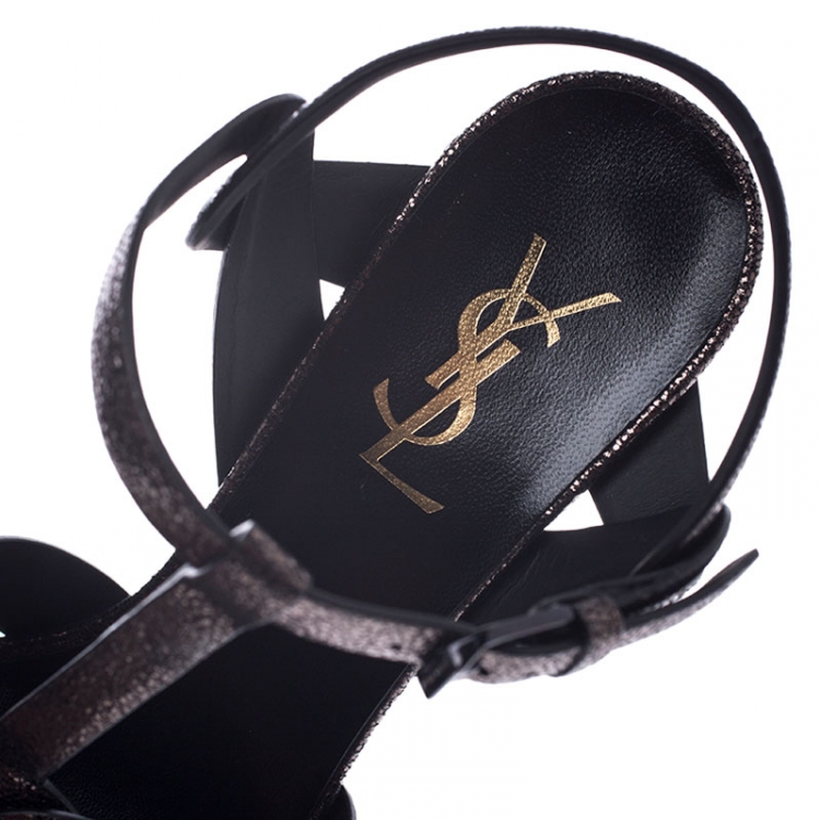 Pre Owned Saint Laurent Paris Metallic Grey Foil Leather Tribute Platform Ankle Strap Sandals Size 38
