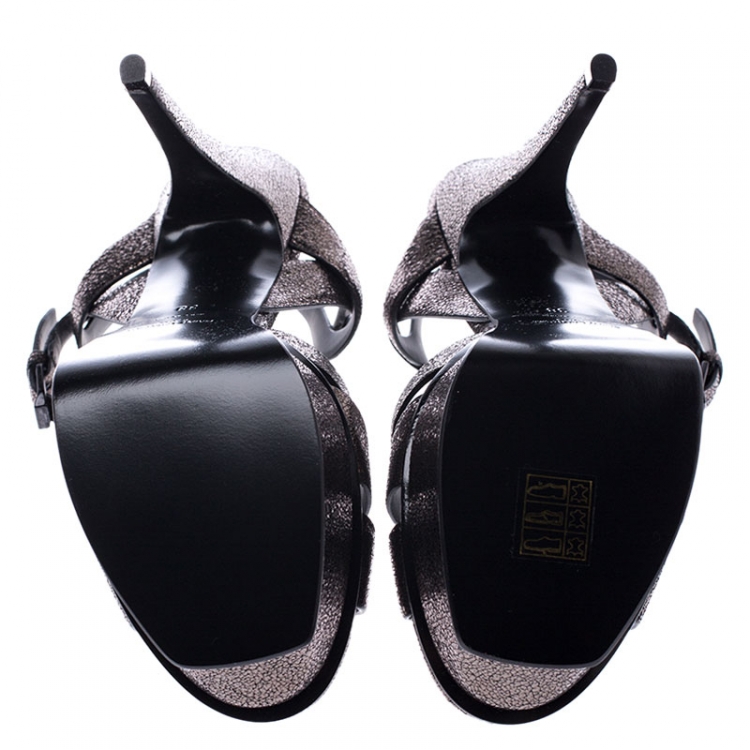 Pre Owned Saint Laurent Paris Metallic Grey Foil Leather Tribute Platform Ankle Strap Sandals Size 38