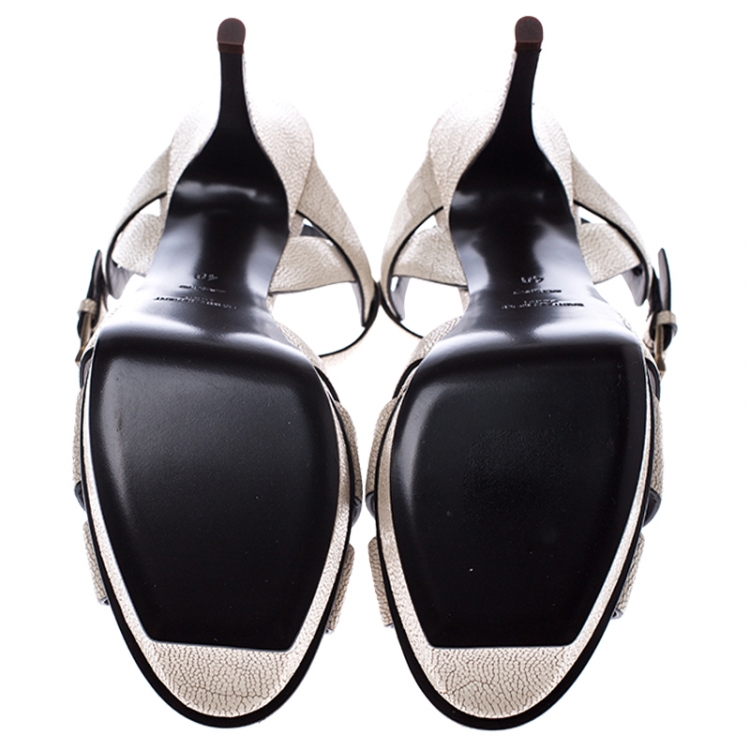 Pre Owned Saint Laurent Paris Cream Textured Leather Tribute Platform Ankle Strap Sandals Size 40
