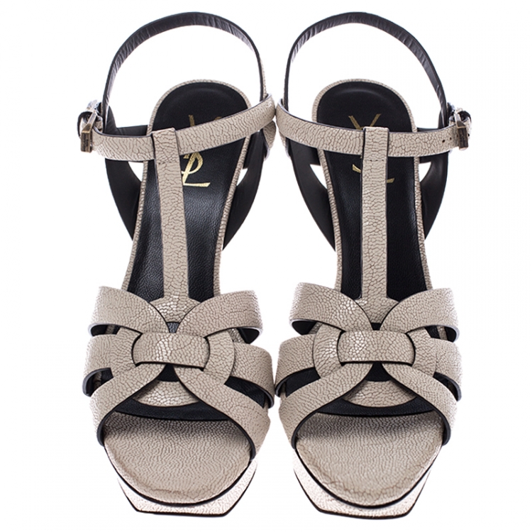 Pre Owned Saint Laurent Paris Cream Textured Leather Tribute Platform Ankle Strap Sandals Size 40