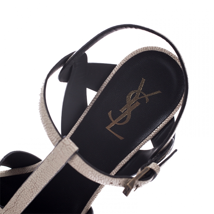 Pre Owned Saint Laurent Paris Cream Textured Leather Tribute Platform Ankle Strap Sandals Size 40