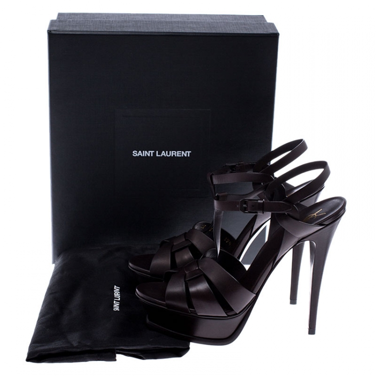 Pre Owned Saint Laurent Paris Brown Leather Tribute Platform Ankle Strap Sandals Size 39.5
