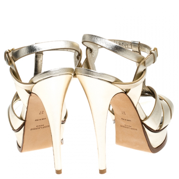 Pre Owned Saint Laurent Paris Metallic Gold Leather Tribute Platform Ankle Strap Sandals Size 37