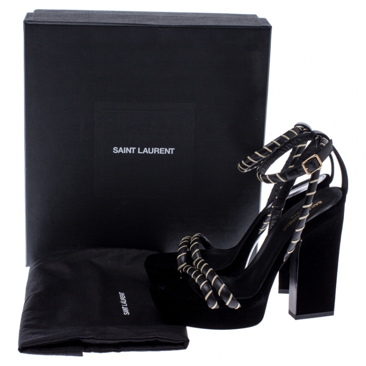 Pre Owned Saint Laurent Paris Black Velvet Debbie Ankle Strap Platform Sandals Size 40