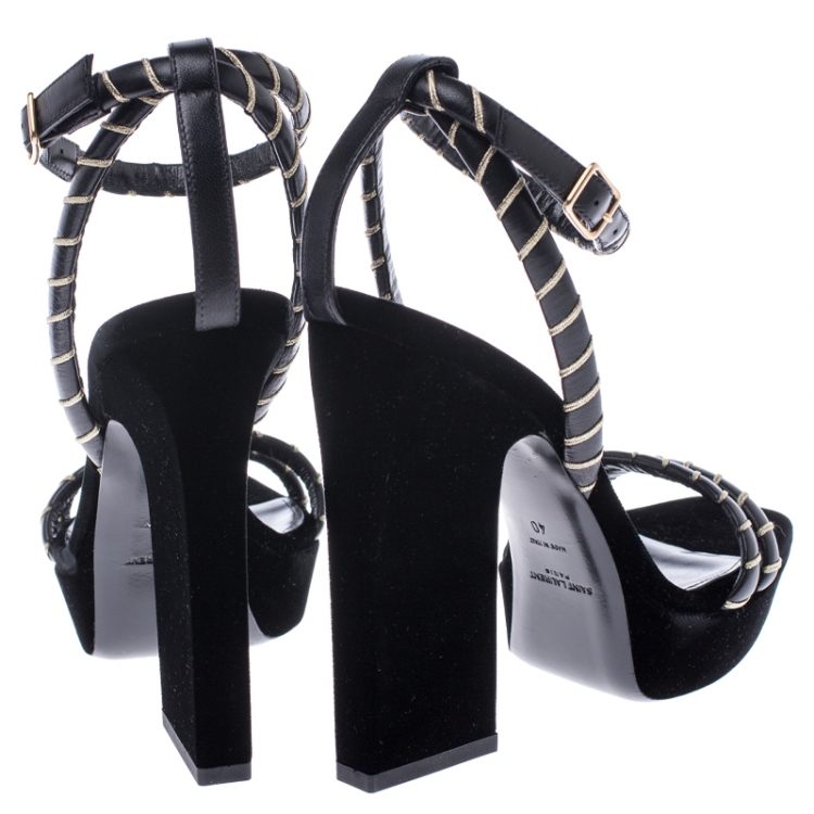 Pre Owned Saint Laurent Paris Black Velvet Debbie Ankle Strap Platform Sandals Size 40