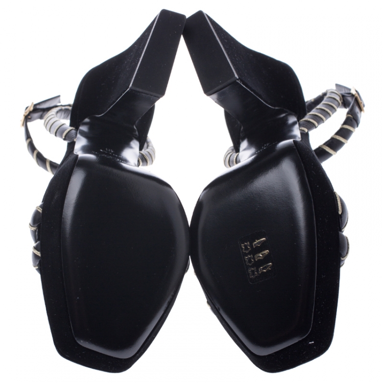 Pre Owned Saint Laurent Paris Black Velvet Debbie Ankle Strap Platform Sandals Size 40