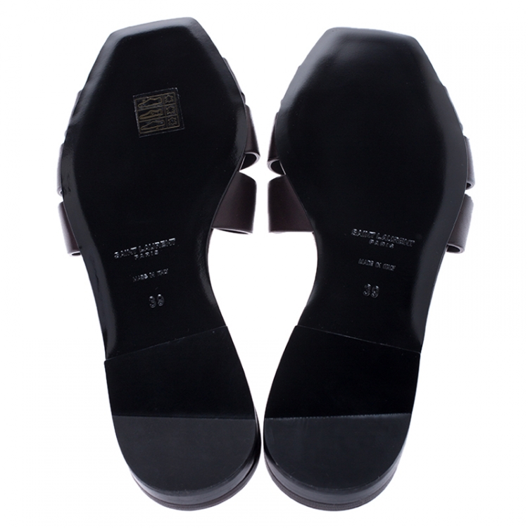 Pre Owned Saint Laurent Paris Dark Brown Leather Tribute Flat Slides Size 39