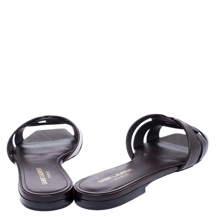 Pre Owned Saint Laurent Paris Dark Brown Leather Tribute Flat Slides Size 39