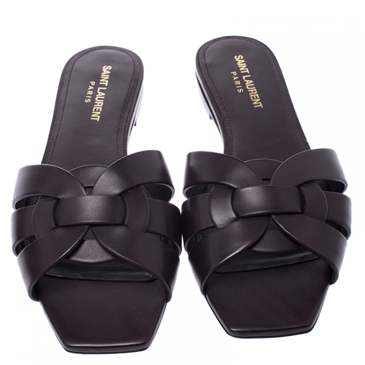 Pre Owned Saint Laurent Paris Dark Brown Leather Tribute Flat Slides Size 39