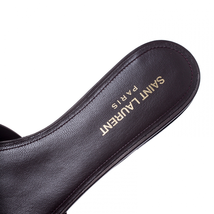 Pre Owned Saint Laurent Paris Dark Brown Leather Tribute Flat Slides Size 39