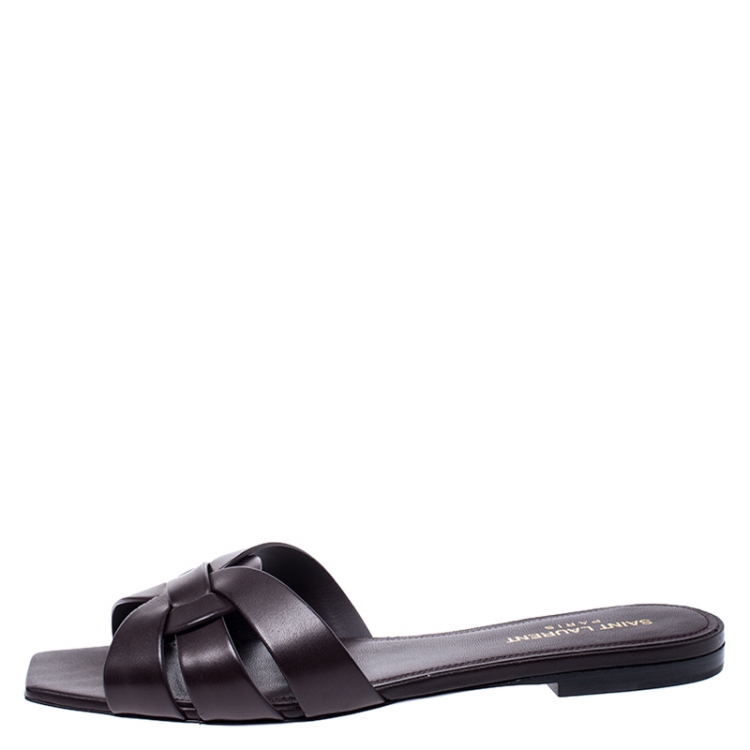 Pre Owned Saint Laurent Paris Dark Brown Leather Tribute Flat Slides Size 39