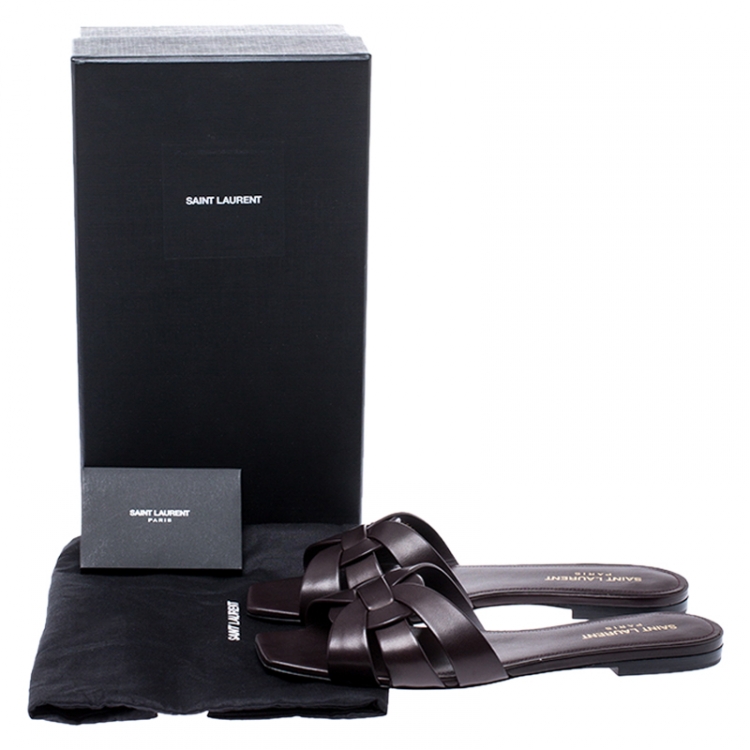 Pre Owned Saint Laurent Paris Dark Brown Leather Tribute Flat Slides Size 39