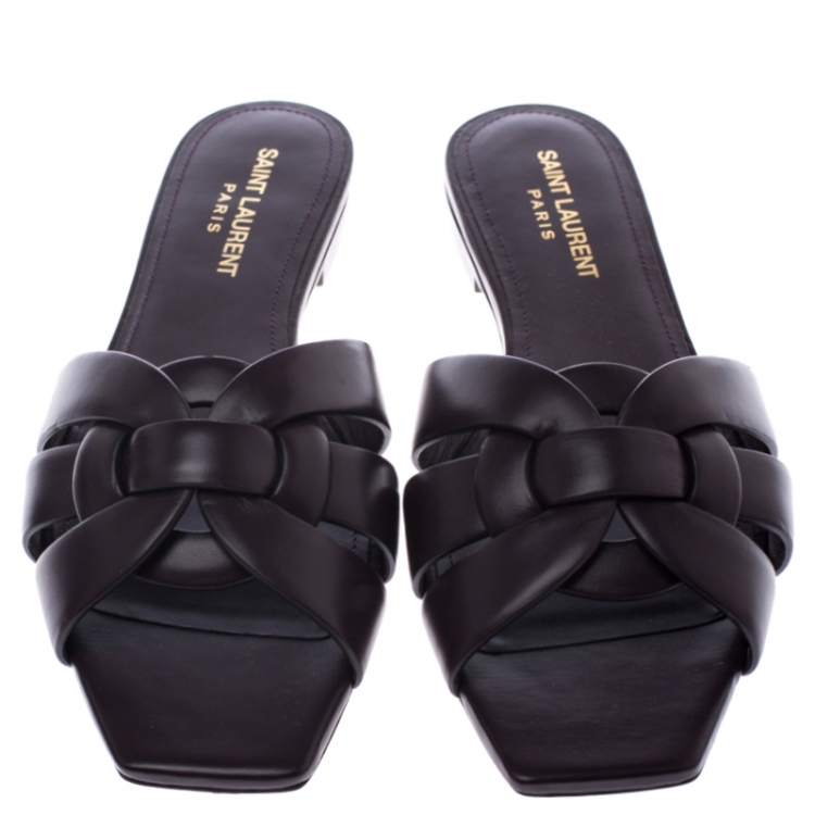 مملوكة مسبقًا Saint Laurent Paris Burgundy Smooth Leather Tribute Slide Sandals Size 38