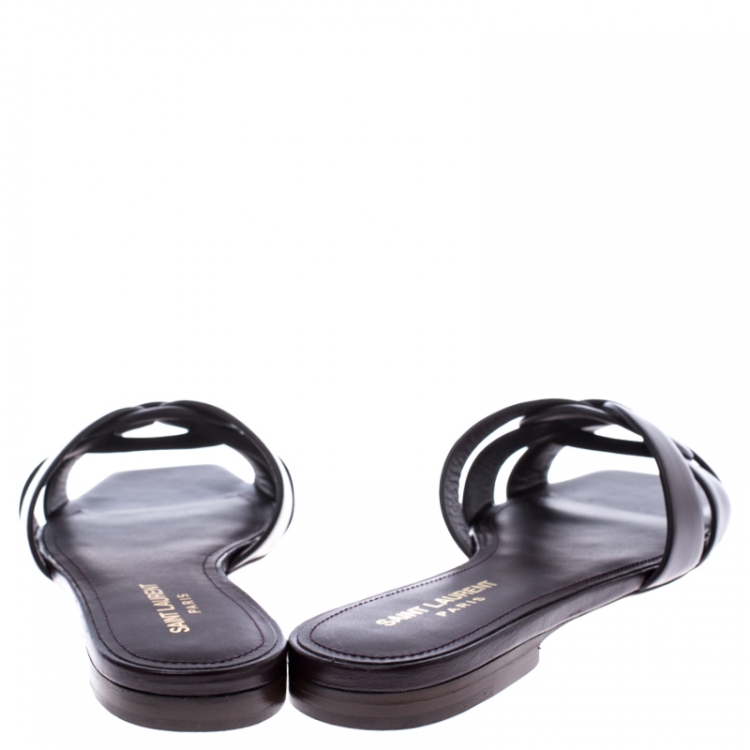مملوكة مسبقًا Saint Laurent Paris Burgundy Smooth Leather Tribute Slide Sandals Size 38