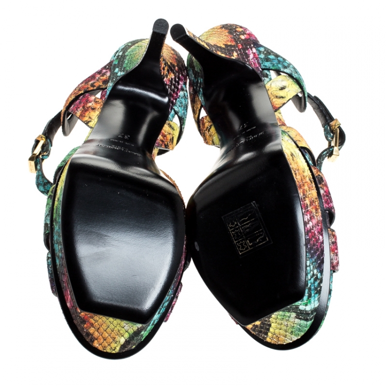 Pre Owned Saint Laurent Paris Multicolor Python Embossed Leather Tribute Platform Sandals Size 37