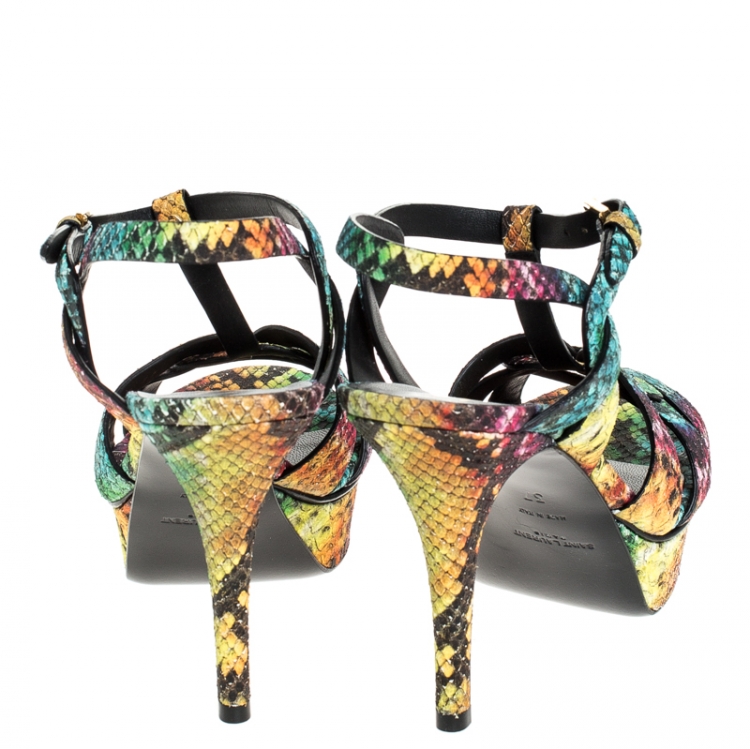 Pre Owned Saint Laurent Paris Multicolor Python Embossed Leather Tribute Platform Sandals Size 37