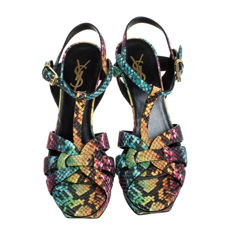 Pre Owned Saint Laurent Paris Multicolor Python Embossed Leather Tribute Platform Sandals Size 37