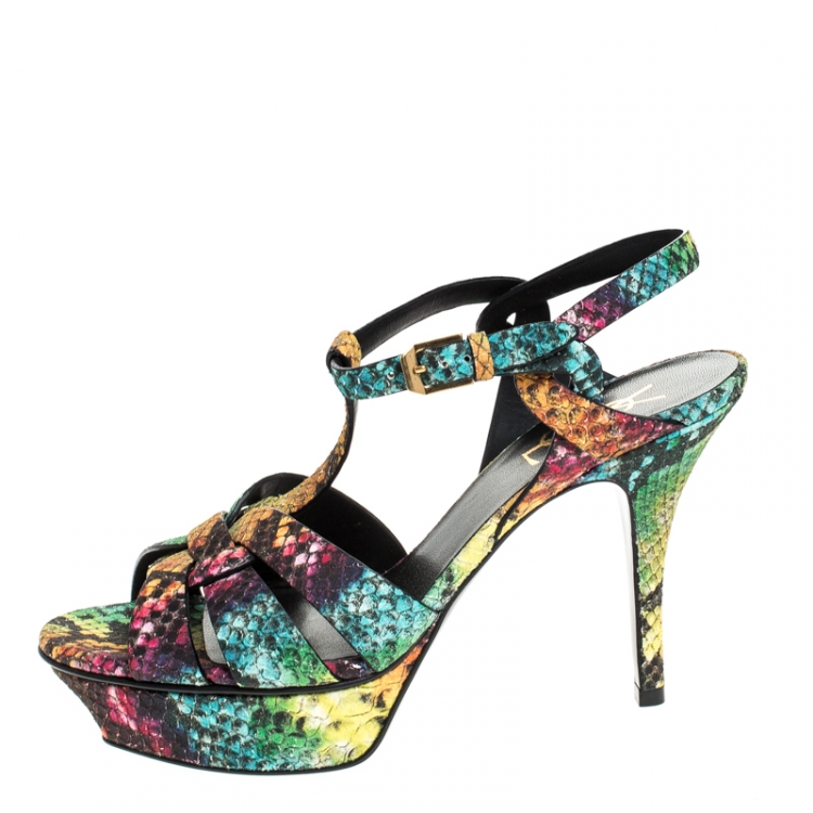 Pre Owned Saint Laurent Paris Multicolor Python Embossed Leather Tribute Platform Sandals Size 37