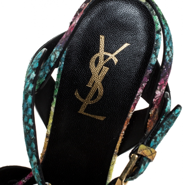 Pre Owned Saint Laurent Paris Multicolor Python Embossed Leather Tribute Platform Sandals Size 37