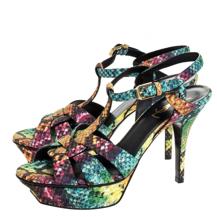 Pre Owned Saint Laurent Paris Multicolor Python Embossed Leather Tribute Platform Sandals Size 37