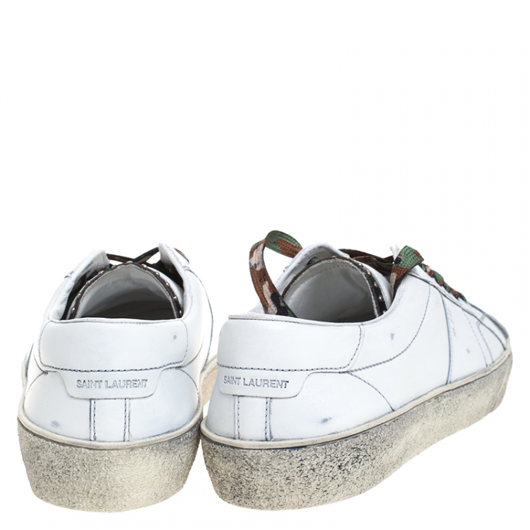 Pre Owned Saint Laurent Paris White Distressed Leather Camo Lace SL/37 Classic Court Sneakers Size 41