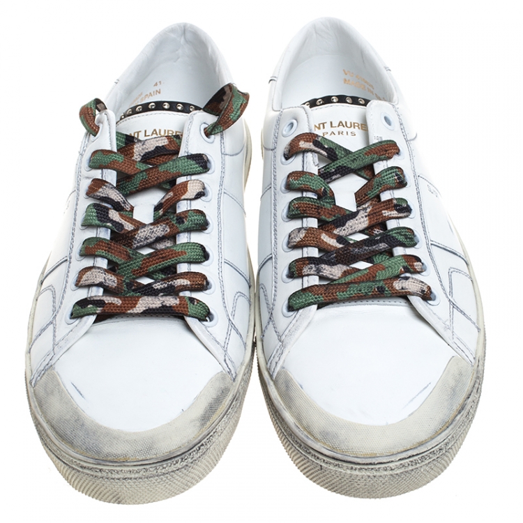 Pre Owned Saint Laurent Paris White Distressed Leather Camo Lace SL/37 Classic Court Sneakers Size 41