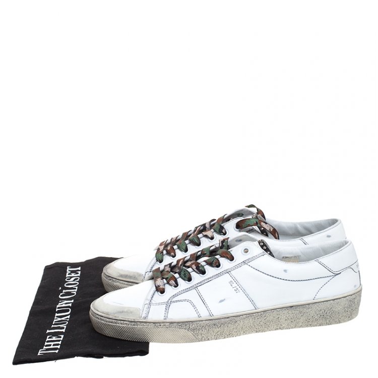 Pre Owned Saint Laurent Paris White Distressed Leather Camo Lace SL/37 Classic Court Sneakers Size 41